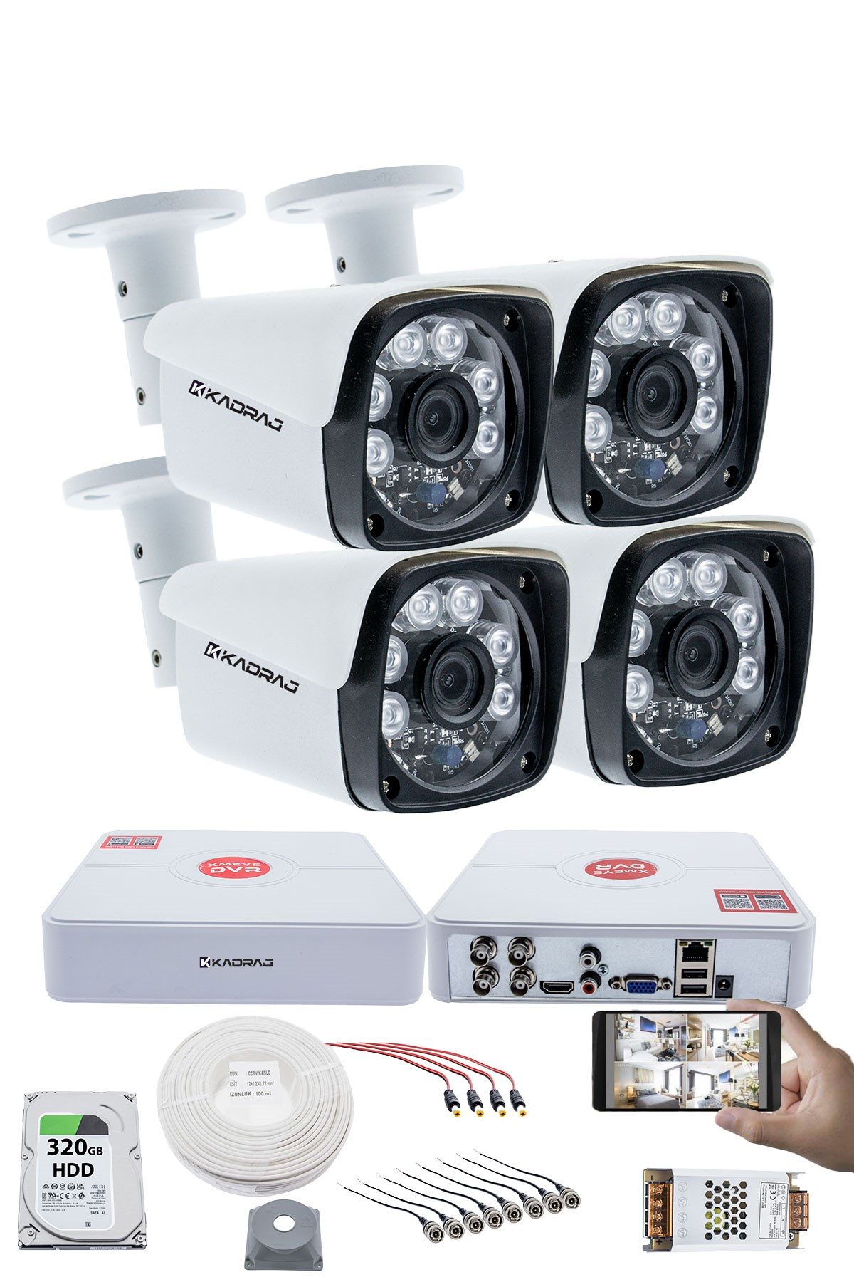 Kadraj 4 Kameralı Set Kadraj 5MP Sony SecuLensli 1080P Full HD AHD 6 ATOM LED Güvenlik Kamerası Seti - Metal Aluminyum Kasa, Su Geçirmez