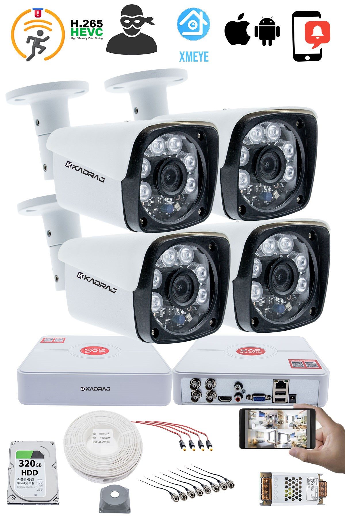 Kadraj 4 Kameralı Set Kadraj 5MP Sony SecuLensli 1080P Full HD AHD 6 ATOM LED Güvenlik Kamerası Seti - Metal Aluminyum Kasa, Su Geçirmez - görsel 2