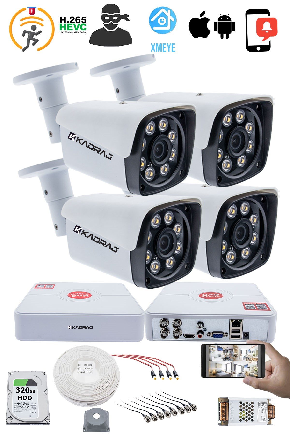 Kadraj 4 Kameralı Set Kadraj - 5MP Sony SecuLensli 1080p Full HD AHD Güvenlik Kamerası - Gece Görüşlü, 8 Ultra Warm Led, Colorvu Teknolojisi, Metal Aluminyum - görsel 2