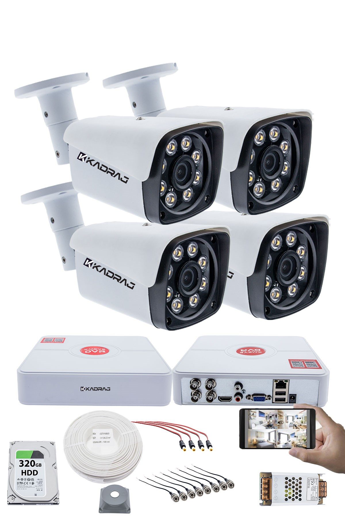 Kadraj 4 Kameralı Set Kadraj - 5MP Sony SecuLensli 1080p Full HD AHD Güvenlik Kamerası - Gece Görüşlü, 8 Ultra Warm Led, Colorvu Teknolojisi, Metal Aluminyum