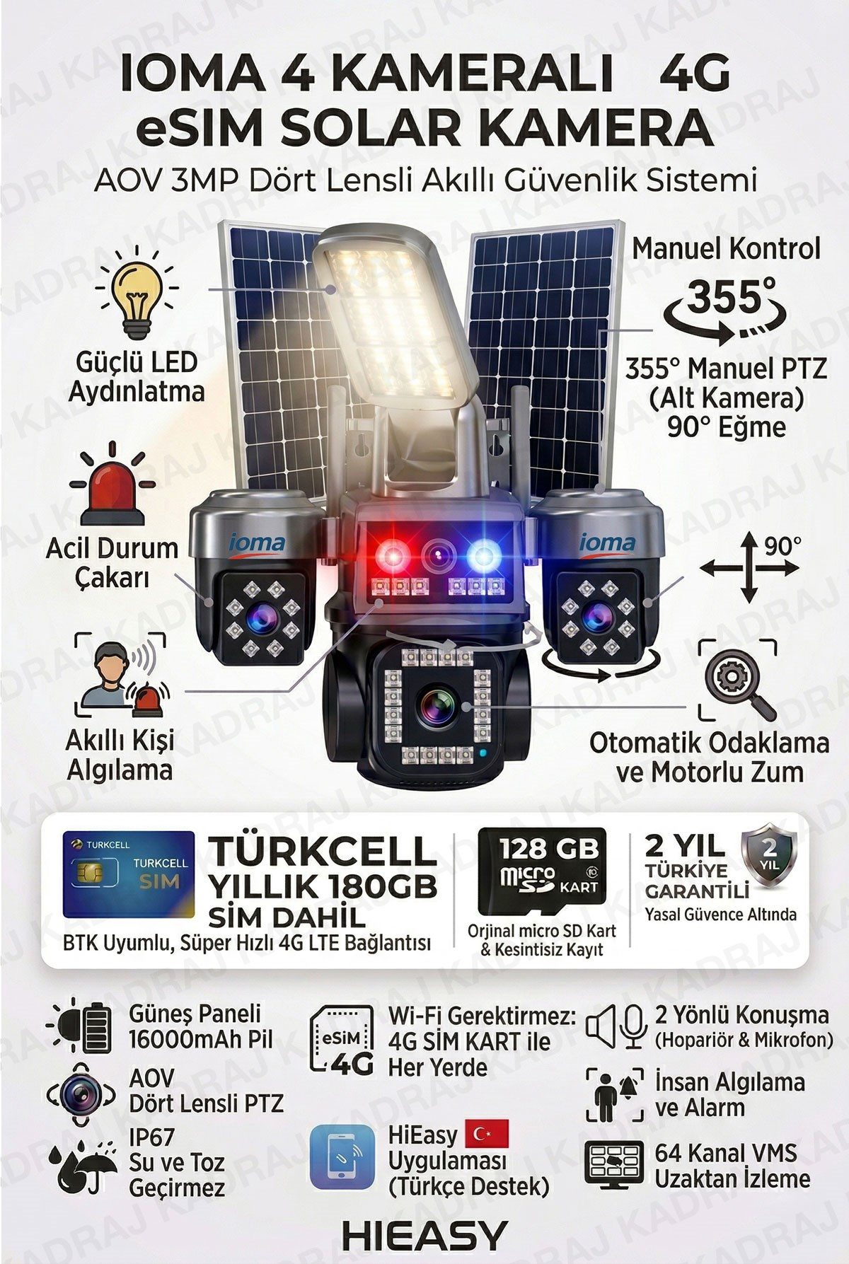 Inox 4 Kameralı Sim Kartlı Kamera, 2 Solar Panelli, PTZ aydınlatmalı, 2 Yönlü Konuşma, Çakar