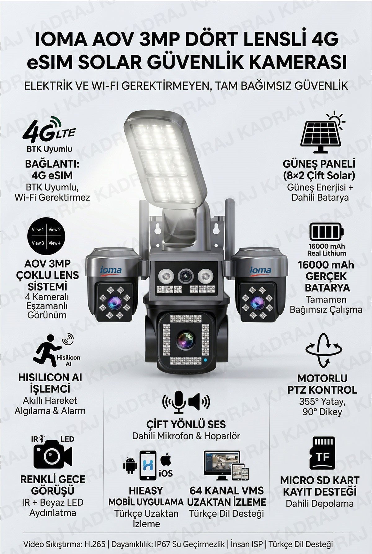 Inox 4 Kameralı Sim Kartlı Kamera, 2 Solar Panelli, PTZ aydınlatmalı, 2 Yönlü Konuşma, Çakar - görsel 2