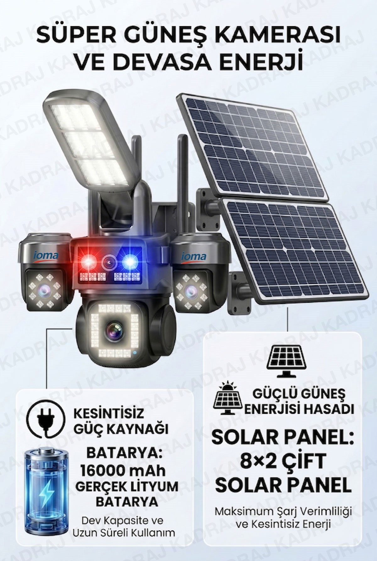 IOMA 4 Kameralı Sim Kartlı Kamera, 2 Solar Panelli, PTZ aydınlatmalı, 2 Yönlü Konuşma, Çakar