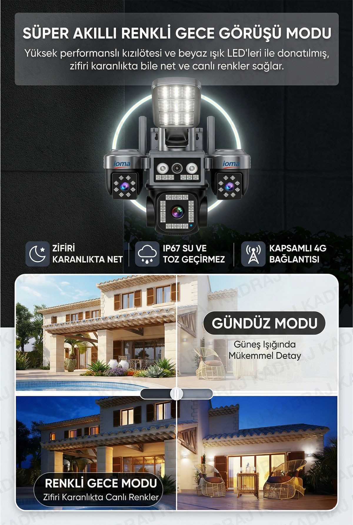 IOMA 4 Kameralı Sim Kartlı Kamera, 2 Solar Panelli, PTZ aydınlatmalı, 2 Yönlü Konuşma, Çakar - görsel 3