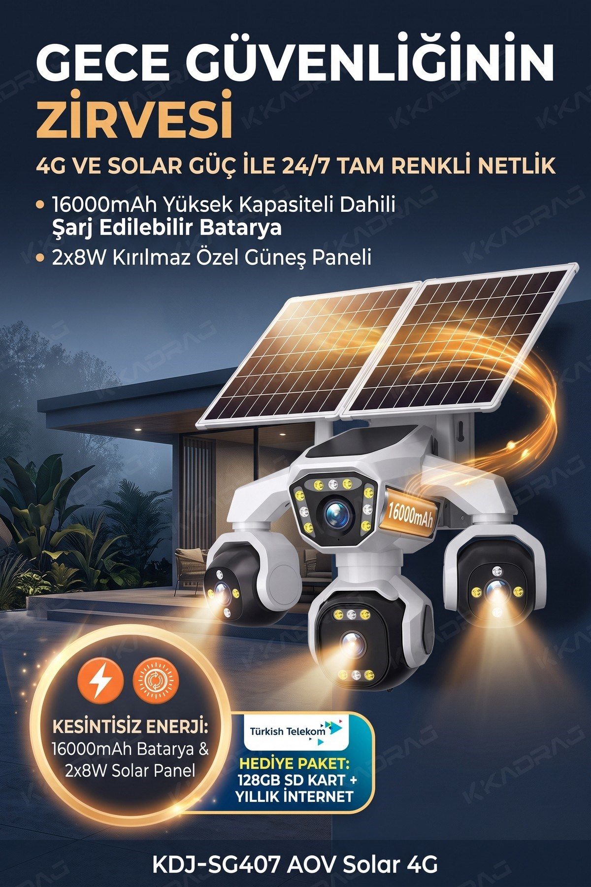 Kadraj 4 Kameralı - Solar Panelli 16000 Mah. TURK TELEKOM Yıllık Hat - 20MP Güvenlik Kamerası TT20 - görsel 6