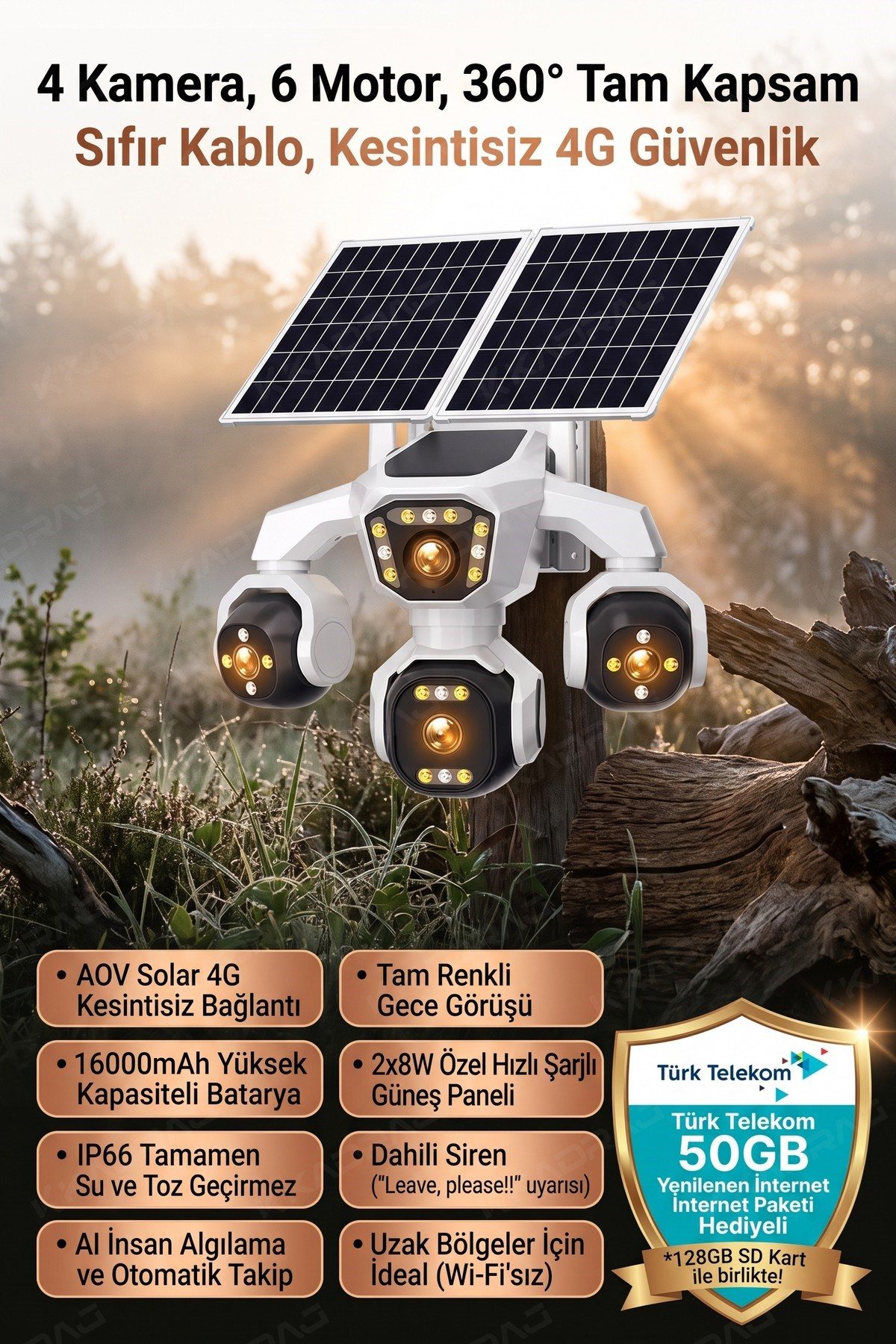 Kadraj 4 Kameralı - Solar Panelli 16000 Mah. TURK TELEKOM Yıllık Hat HER AY 50GB TT20 - görsel 4
