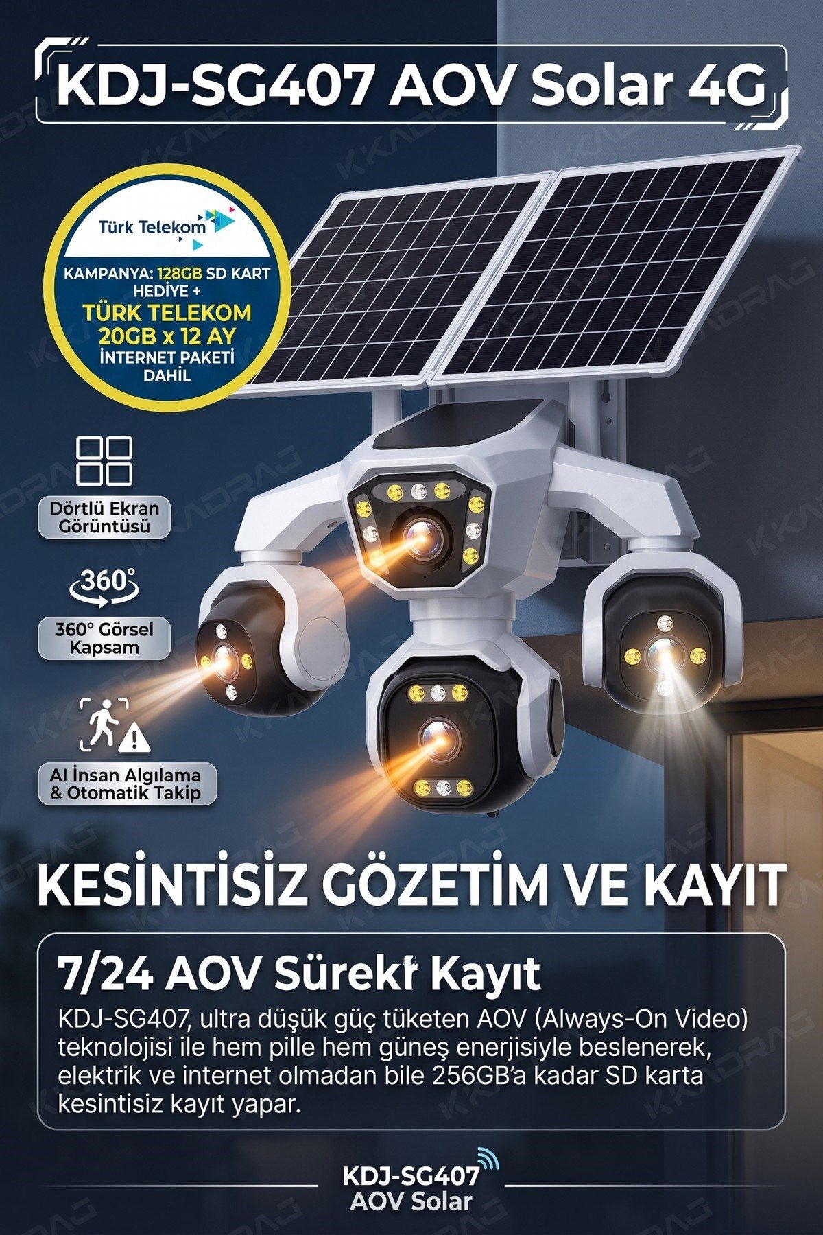 Kadraj 4 Kameralı - Solar Panelli 16000 Mah. TURK TELEKOM Yıllık Hat - 20MP Güvenlik Kamerası TT20