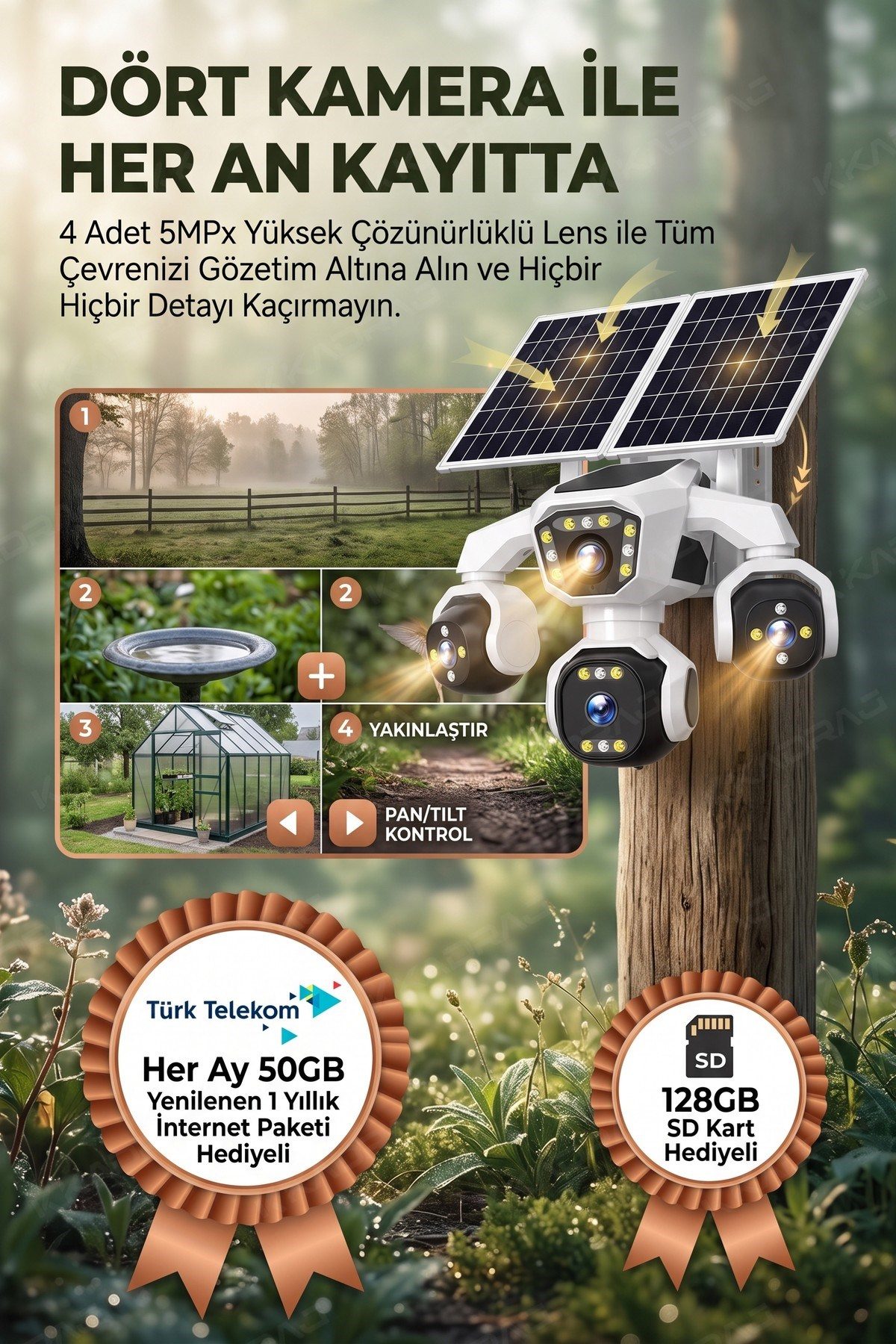 Kadraj 4 Kameralı - Solar Panelli 16000 Mah. TURK TELEKOM Yıllık Hat HER AY 50GB TT20 - görsel 3
