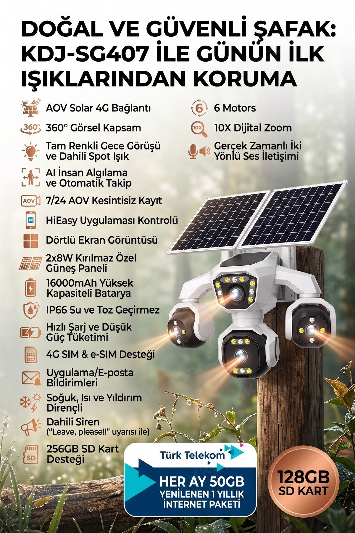 Kadraj 4 Kameralı - Solar Panelli 16000 Mah. TURK TELEKOM Yıllık Hat HER AY 50GB TT20 - görsel 2