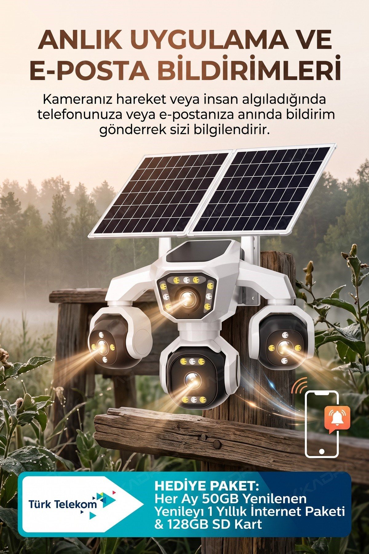 Kadraj 4 Kameralı - Solar Panelli 16000 Mah. TURK TELEKOM Yıllık Hat HER AY 50GB TT20 - görsel 7