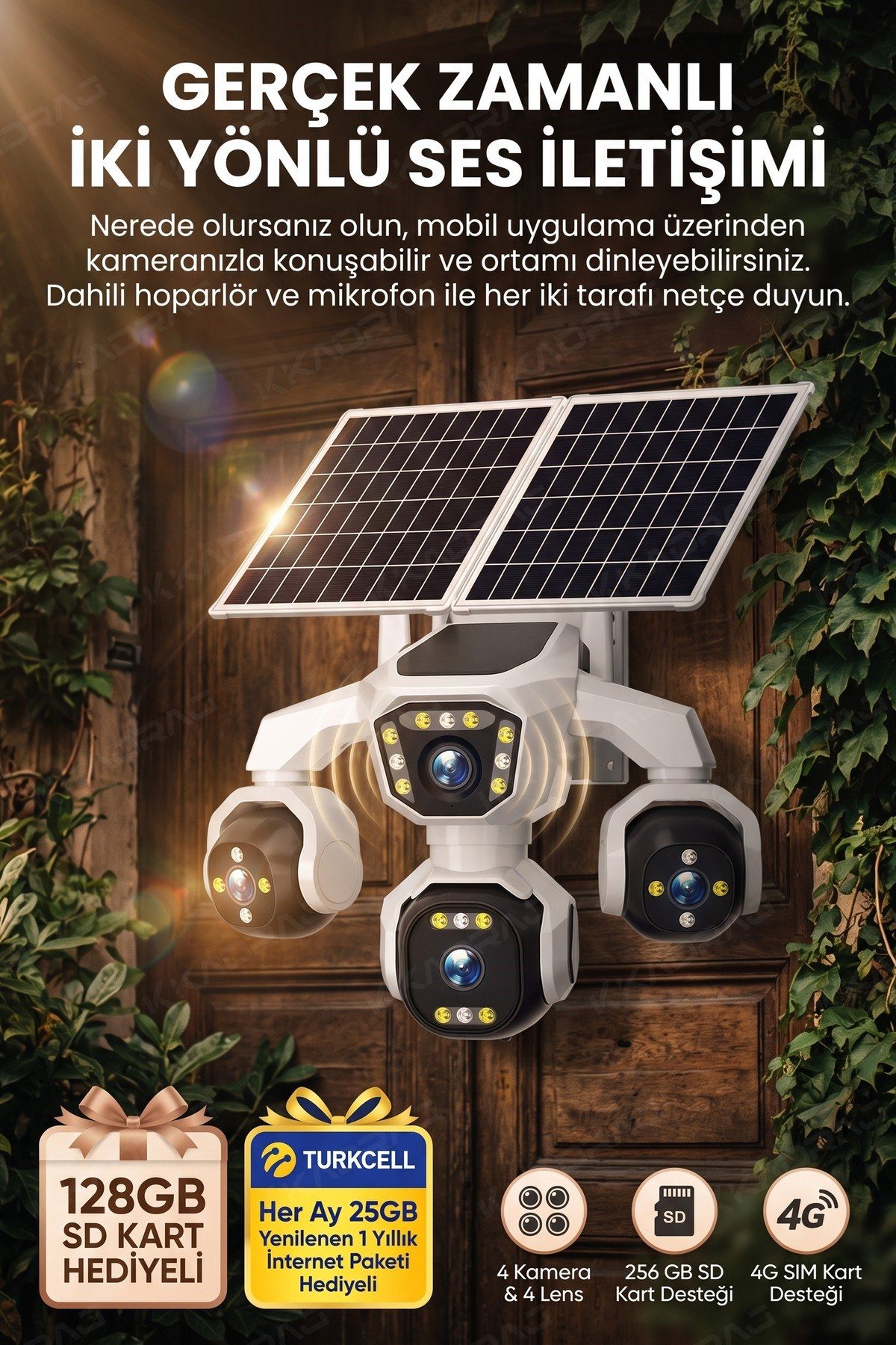 Kadraj 4 Kameralı - Solar Panelli 16000 Mah. Turkcell Yıllık Hat 20MP Güvenlik Kamerası YapayZeka Tc25 - görsel 8