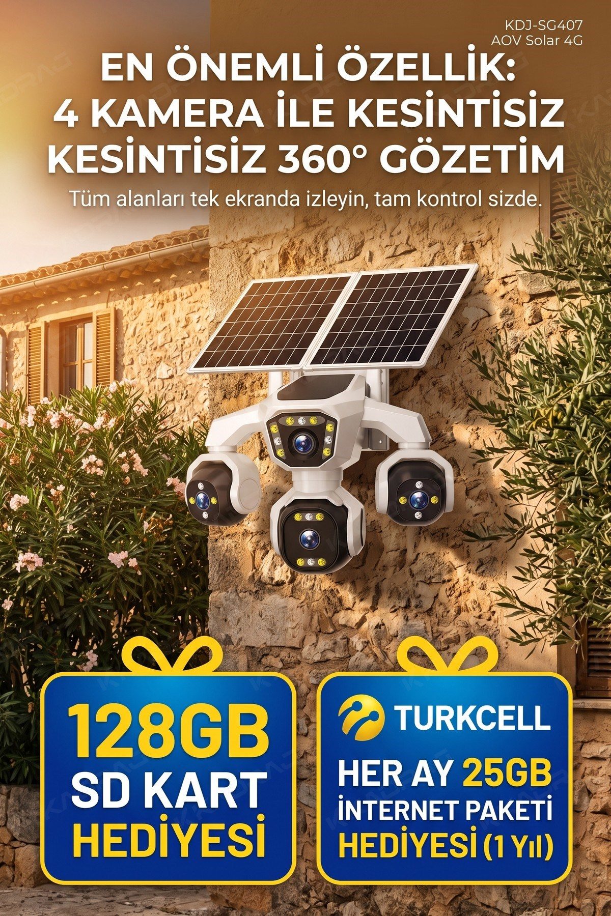 Kadraj 4 Kameralı - Solar Panelli 16000 Mah. Turkcell Yıllık Hat 20MP Güvenlik Kamerası YapayZeka Tc25 - görsel 4