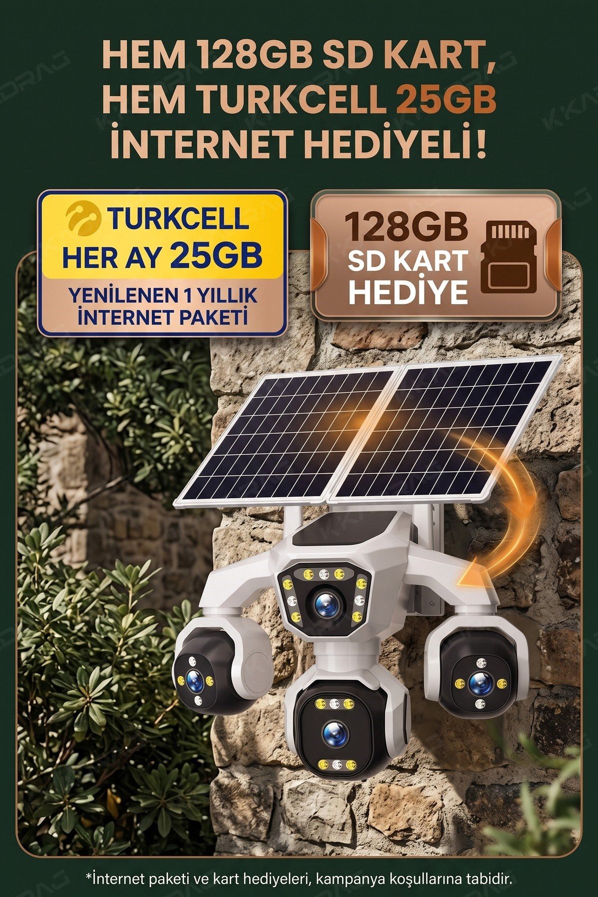 Kadraj 4 Kameralı - Solar Panelli 16000 Mah. Turkcell Yıllık Hat 20MP Güvenlik Kamerası YapayZeka Tc25 - görsel 5