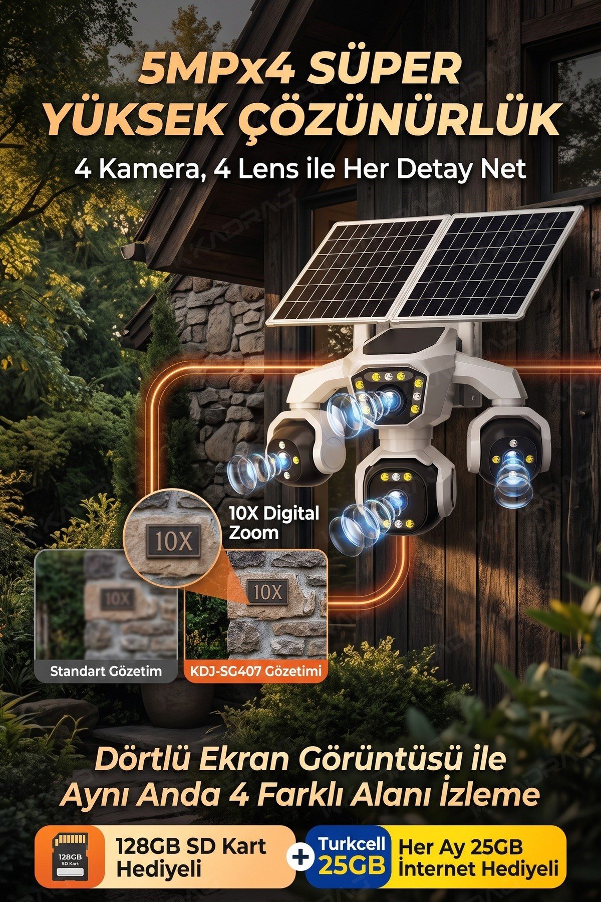 Kadraj 4 Kameralı - Solar Panelli 16000 Mah. Turkcell Yıllık Hat 20MP Güvenlik Kamerası YapayZeka Tc25 - görsel 2