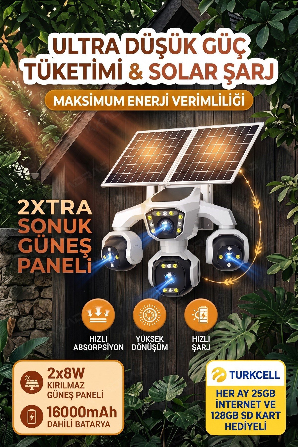 Kadraj 4 Kameralı - Solar Panelli 16000 Mah. Turkcell Yıllık Hat 20MP Güvenlik Kamerası YapayZeka Tc25 - görsel 3