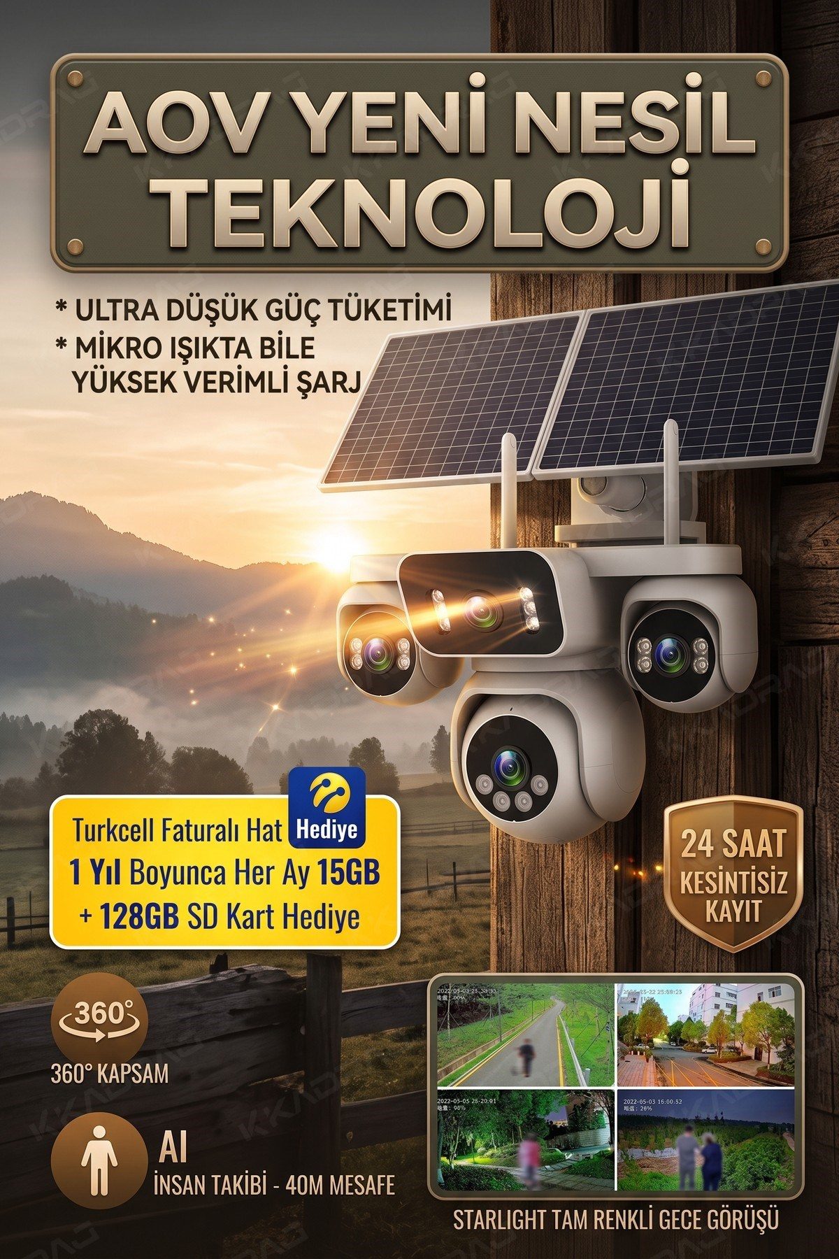 Kadraj 4 Kameralı Solar Panelli Güneş Enerjili Uzaktan Kontrol ,7/24 Aralıksız kayıt, 2 Solar Panel,AI - görsel 5