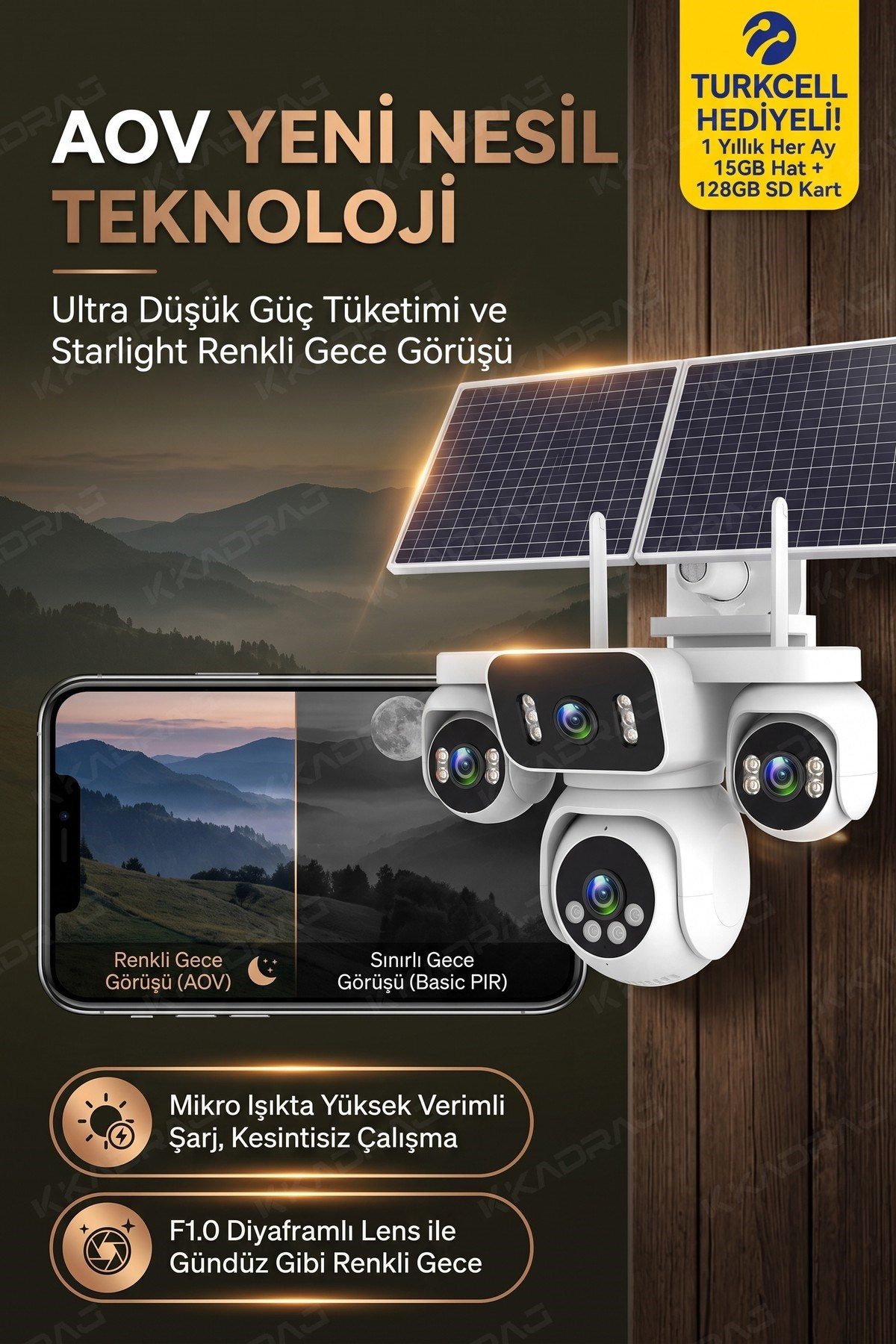 Kadraj 4 Kameralı Solar Panelli Güneş Enerjili Uzaktan Kontrol ,7/24 Aralıksız kayıt, 2 Solar Panel,AI - görsel 7