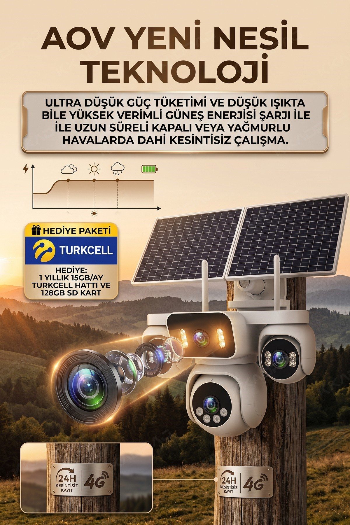 Kadraj 4 Kameralı Solar Panelli Güneş Enerjili Uzaktan Kontrol ,7/24 Aralıksız kayıt, 2 Solar Panel,AI - görsel 2