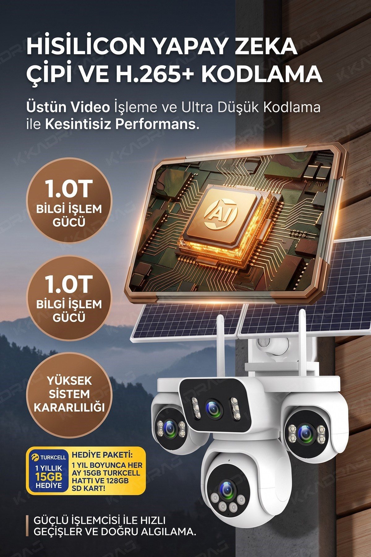 Kadraj 4 Kameralı Solar Panelli Güneş Enerjili Uzaktan Kontrol ,7/24 Aralıksız kayıt, 2 Solar Panel,AI - görsel 3