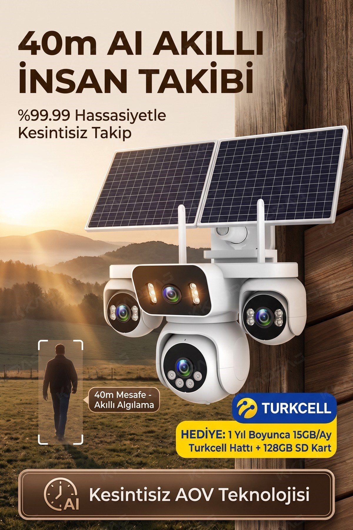 Kadraj 4 Kameralı Solar Panelli Güneş Enerjili Uzaktan Kontrol ,7/24 Aralıksız kayıt, 2 Solar Panel,AI - görsel 4