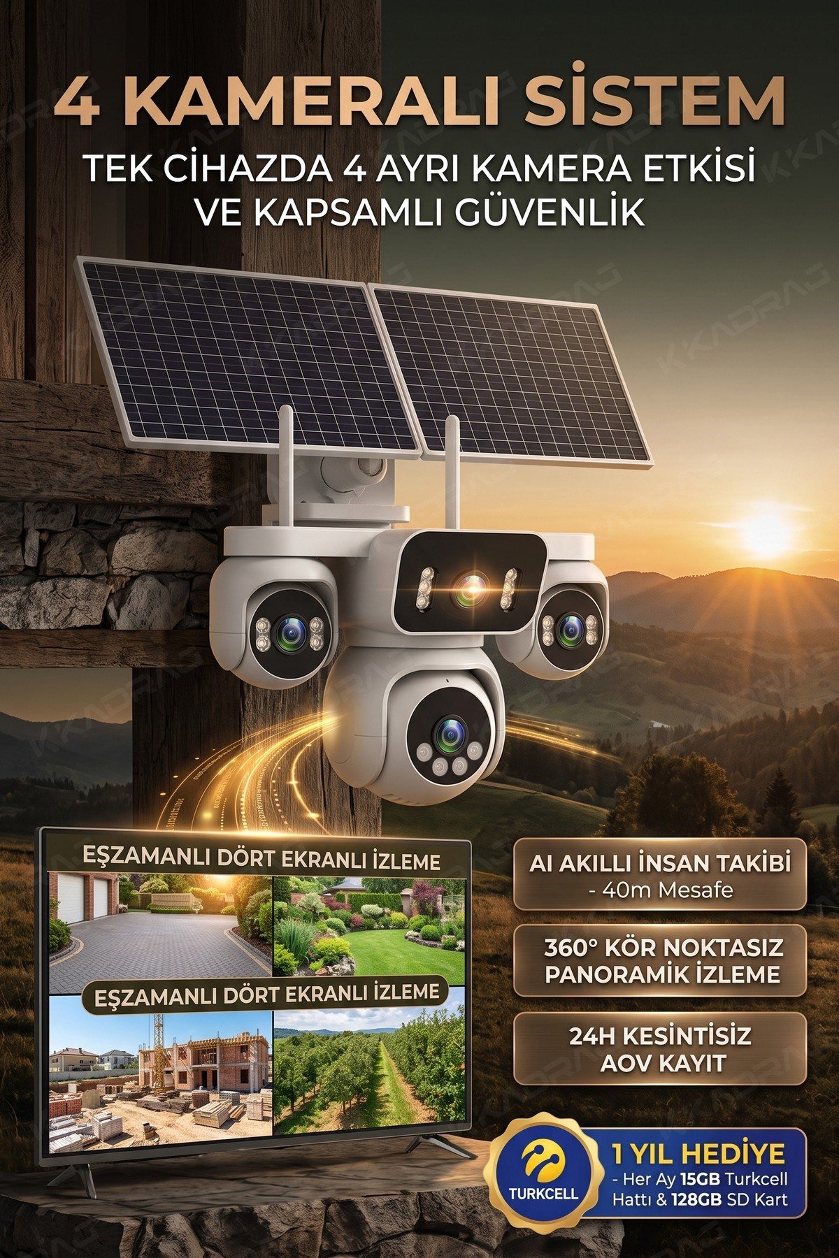 Kadraj 4 Kameralı Solar Panelli Güneş Enerjili Uzaktan Kontrol ,7/24 Aralıksız kayıt, 2 Solar Panel,AI - görsel 12