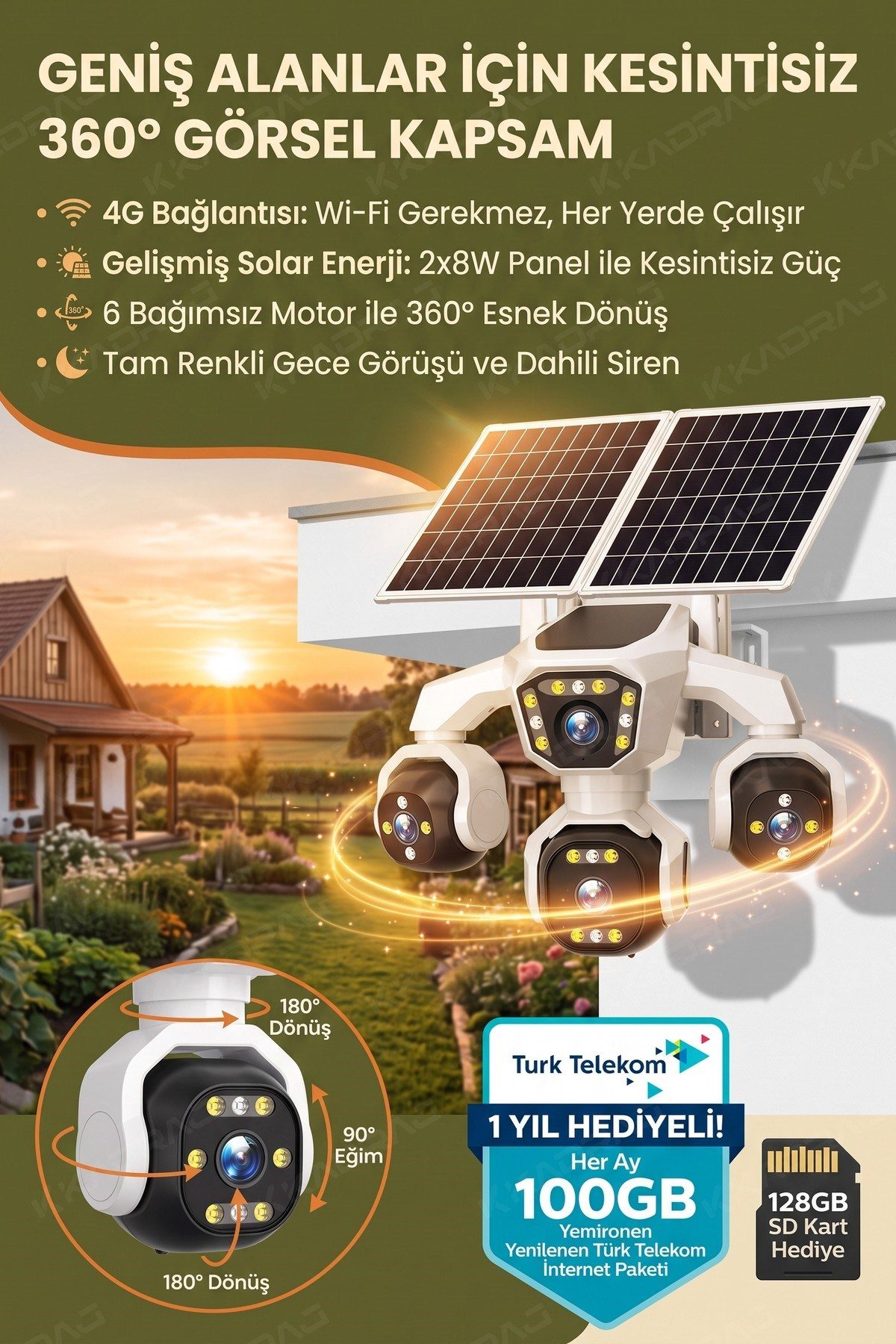 Kadraj 4 Kameralı - Solar Panelli TURK TELEKOM Yıllık Hat HER AY 100GB Yapay Zeka TT100