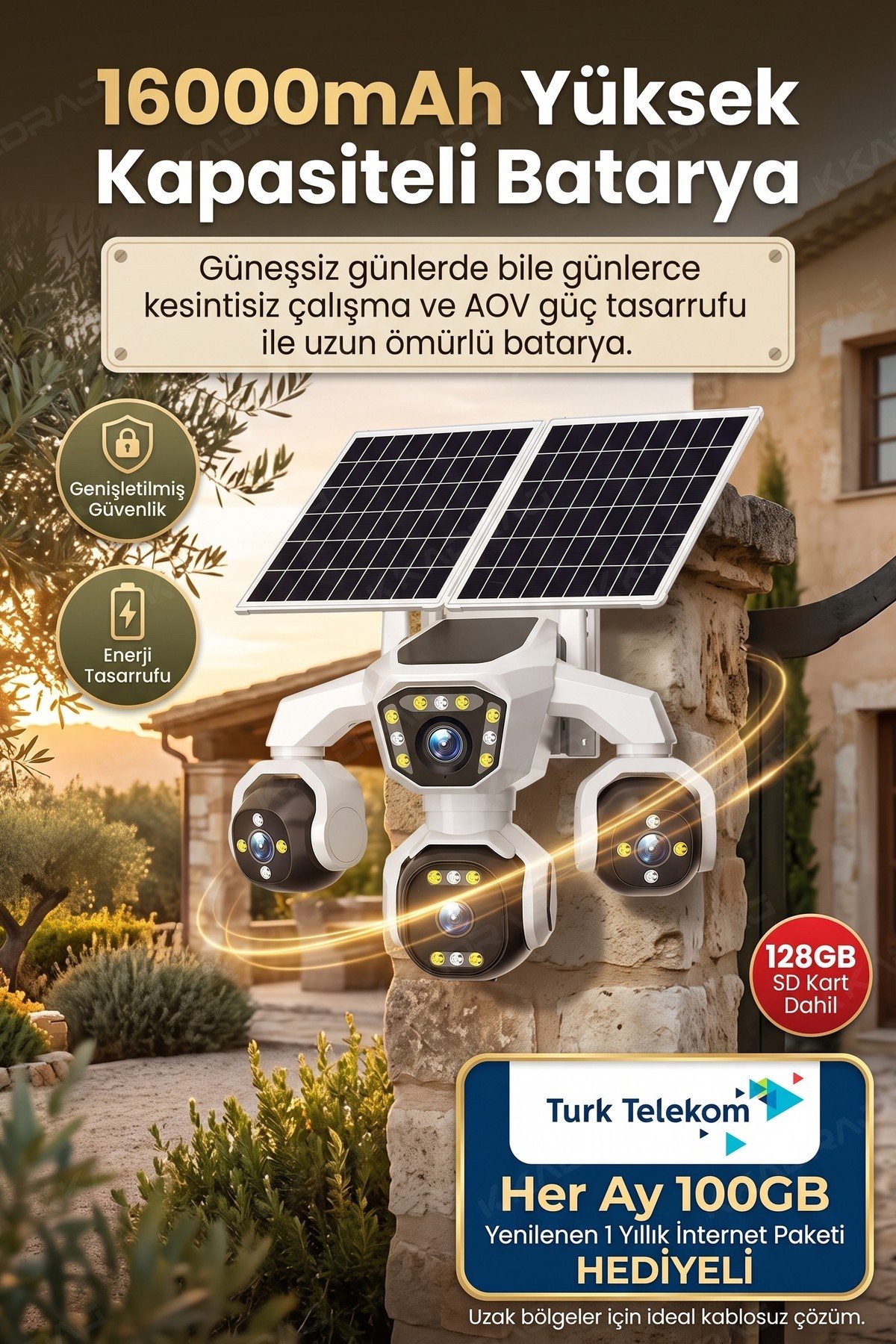 Kadraj 4 Kameralı - Solar Panelli TURK TELEKOM Yıllık Hat HER AY 100GB Yapay Zeka TT100 - görsel 6