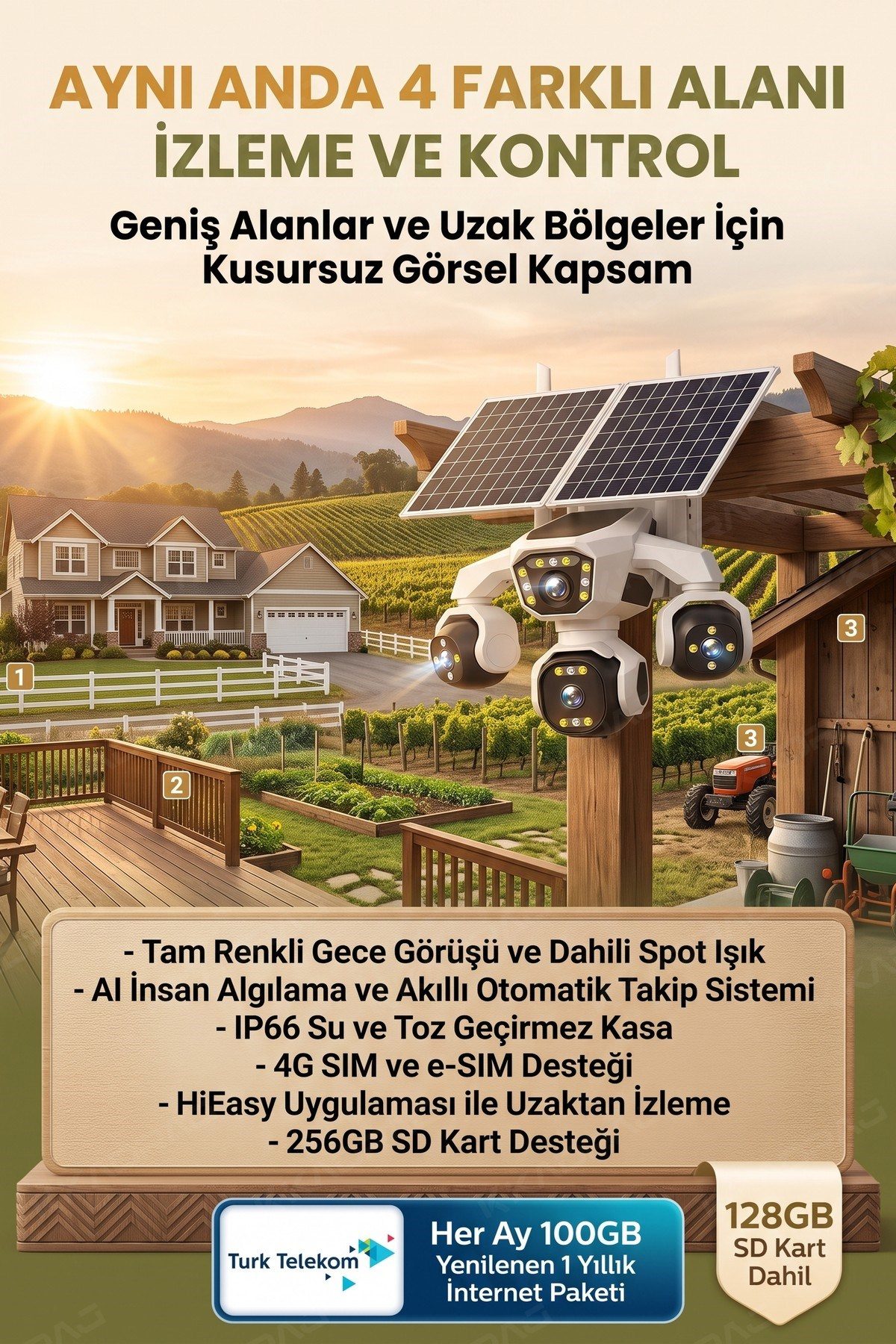 Kadraj 4 Kameralı - Solar Panelli TURK TELEKOM Yıllık Hat HER AY 100GB Yapay Zeka TT100 - görsel 2