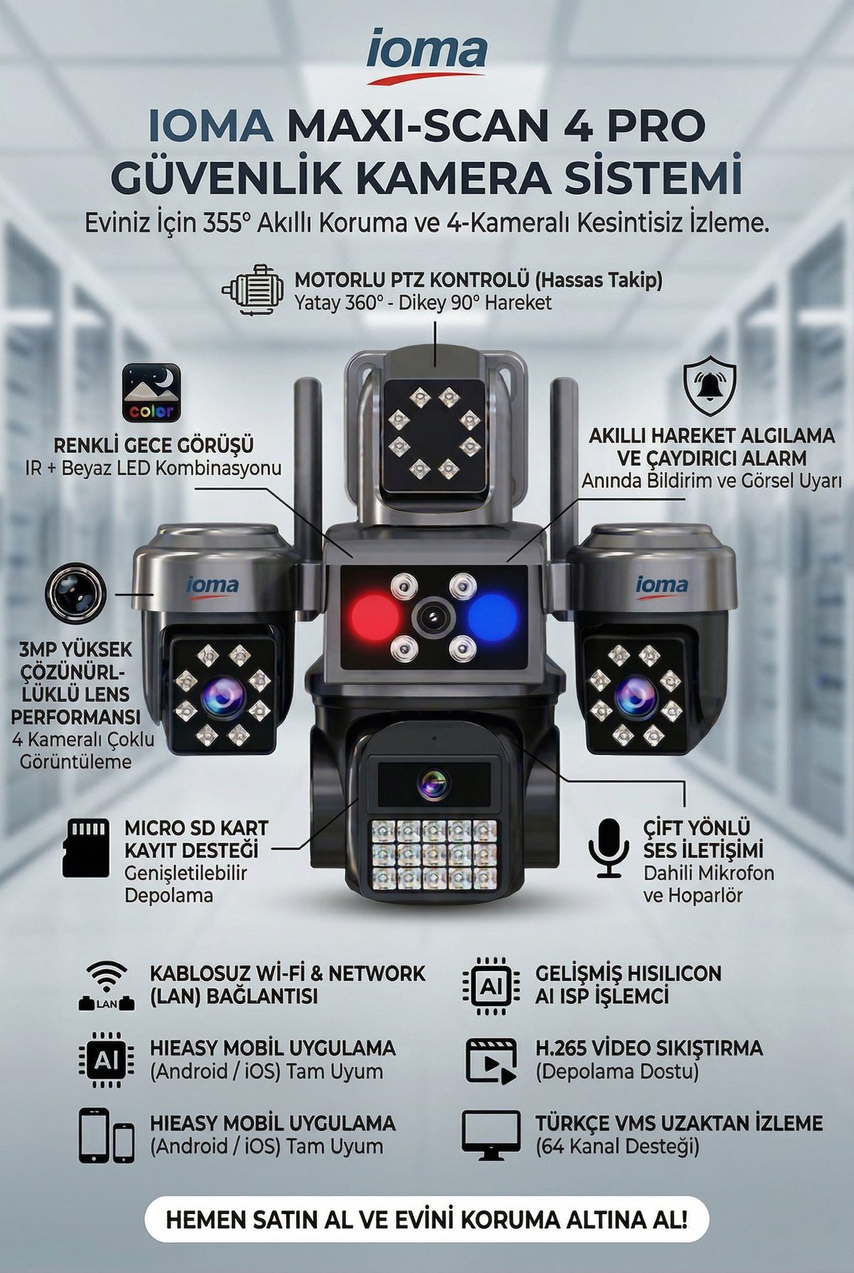 IOMA 4 Kameralı Wifi - MAXI Scan Pro - Çakarlı - 64 Kanal VMS Kablosuz Kamera
