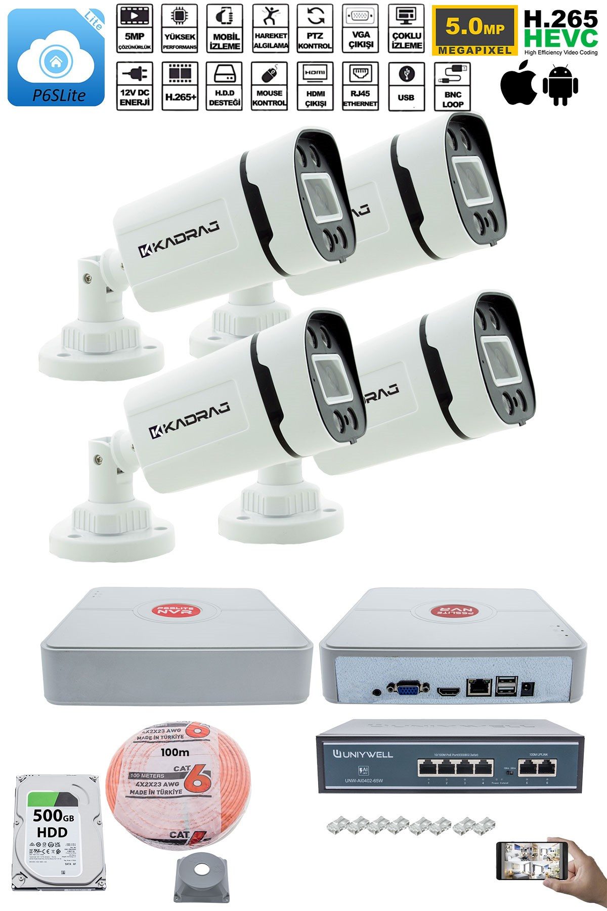 Kadraj 4'lü Güvenlik IP Kamera Seti - 4MP Dış Mekan Kamera, 3.6mm Lens, H.265, PoE, Warm IR Gece Görüşü, 9 Kanal NVR, 4 Port PoE Switch, 500GB HDD, 100 Metre - görsel 2