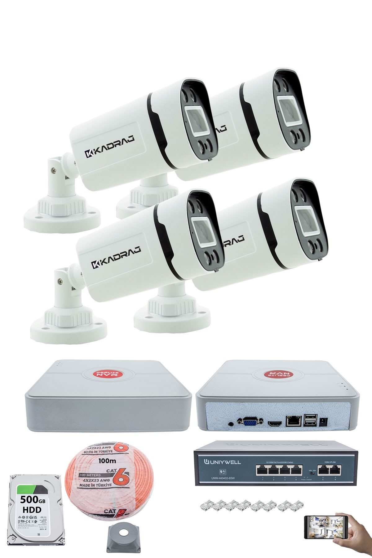 Kadraj 4'lü Güvenlik IP Kamera Seti - 4MP Dış Mekan Kamera, 3.6mm Lens, H.265, PoE, Warm IR Gece Görüşü, 9 Kanal NVR, 4 Port PoE Switch, 500GB HDD, 100 Metre