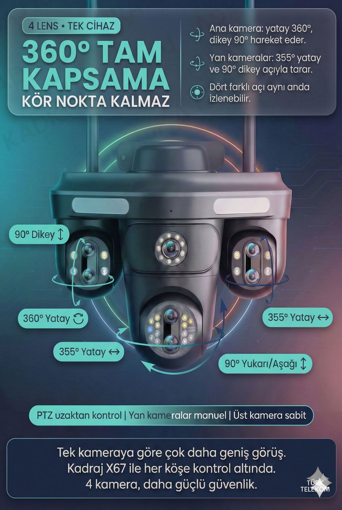 Kadraj 4G Sim Kartlı Kamera - Güneş Enerjili 4 Kameralı - 1200GB TURK TELEKOM Hat Dahil + 2 Solar Panelli - görsel 4