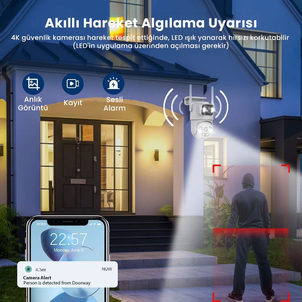 Kadraj 4K 8MP Çift Ekran Lens Wifi 2K Poz Kamera IP66 Su Geçirmez Otomatik İzleme Güvenlik Kamerası - görsel 4