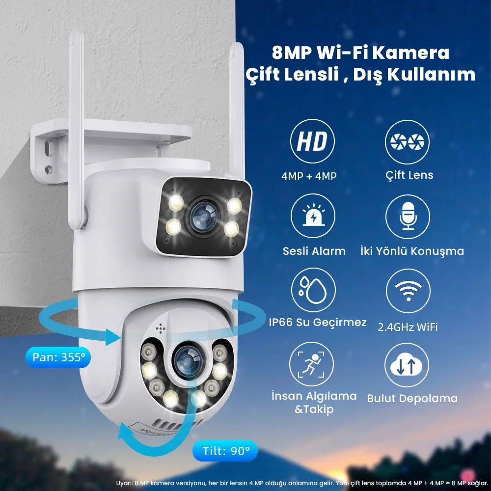 Kadraj 4K 8MP Çift Ekran Lens Wifi 2K Poz Kamera IP66 Su Geçirmez Otomatik İzleme Güvenlik Kamerası - görsel 3
