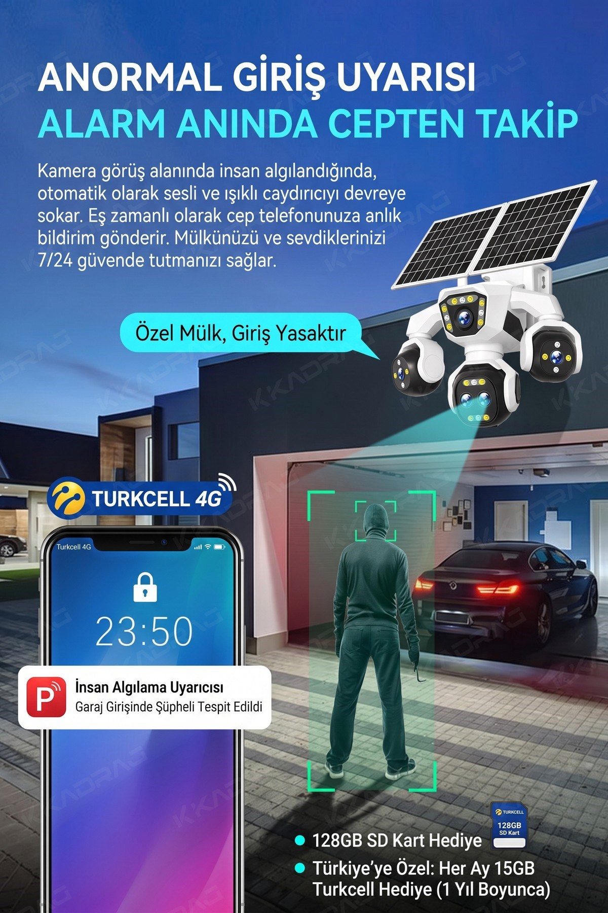 Kadraj 5 Kameralı 4G/E-SIM Destekli 18X Zoom PTZ Güneş Enerjili Profesyonel Dış Mekân Güvenlik Kamerası - görsel 5