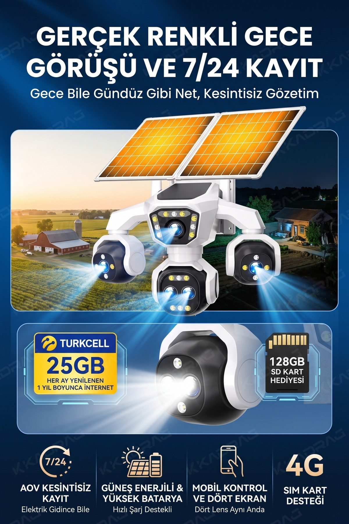 Kadraj 5 Kameralı 4G/E-SIM Destekli 18X Zoom PTZ Güneş Enerjili Profesyonel Dış Mekân Güvenlik Kamerası 25GB - görsel 8