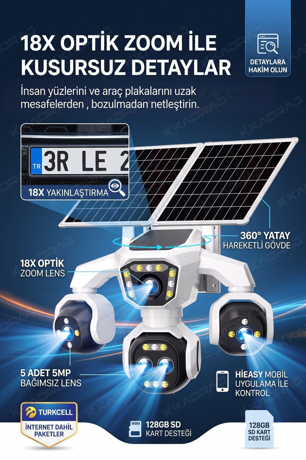 Kadraj 5 Kameralı 4G/E-SIM Destekli 18X Zoom PTZ Güneş Enerjili Profesyonel Dış Mekân Güvenlik Kamerası 25GB - görsel 2