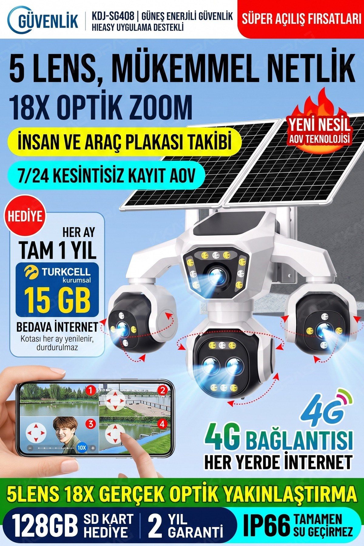 Kadraj 5 Kameralı 4G/E-SIM Destekli 18X Zoom PTZ Güneş Enerjili Profesyonel Dış Mekân Güvenlik Kamerası