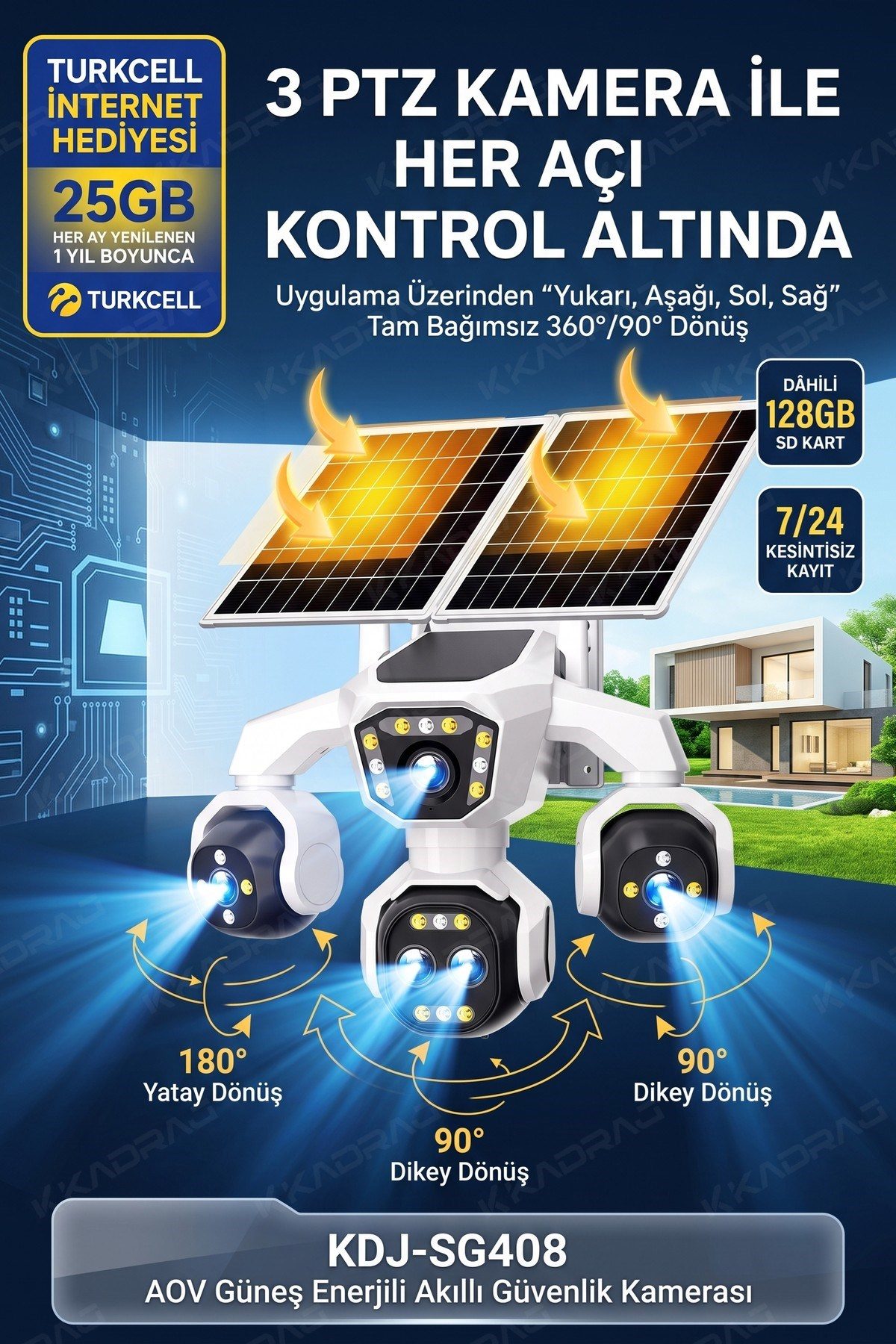 Kadraj 5 Kameralı 4G/E-SIM Destekli 18X Zoom PTZ Güneş Enerjili Profesyonel Dış Mekân Güvenlik Kamerası 25GB - görsel 3