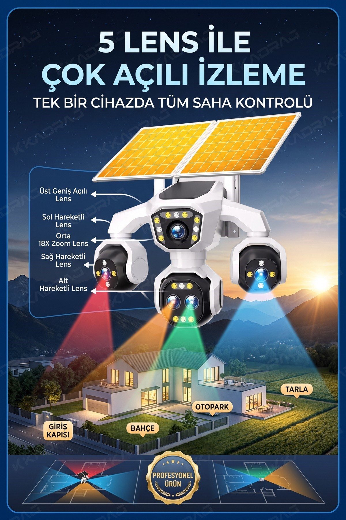 Kadraj 5 Kameralı 4G/E-SIM Destekli 18X Zoom PTZ Güneş Enerjili Profesyonel Dış Mekân Güvenlik Kamerası 25GB - görsel 9