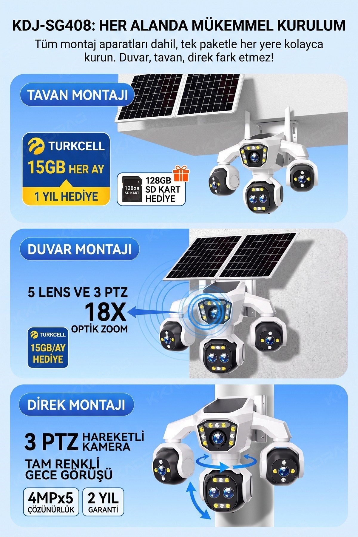 Kadraj 5 Kameralı 4G/E-SIM Destekli 18X Zoom PTZ Güneş Enerjili Profesyonel Dış Mekân Güvenlik Kamerası - görsel 2