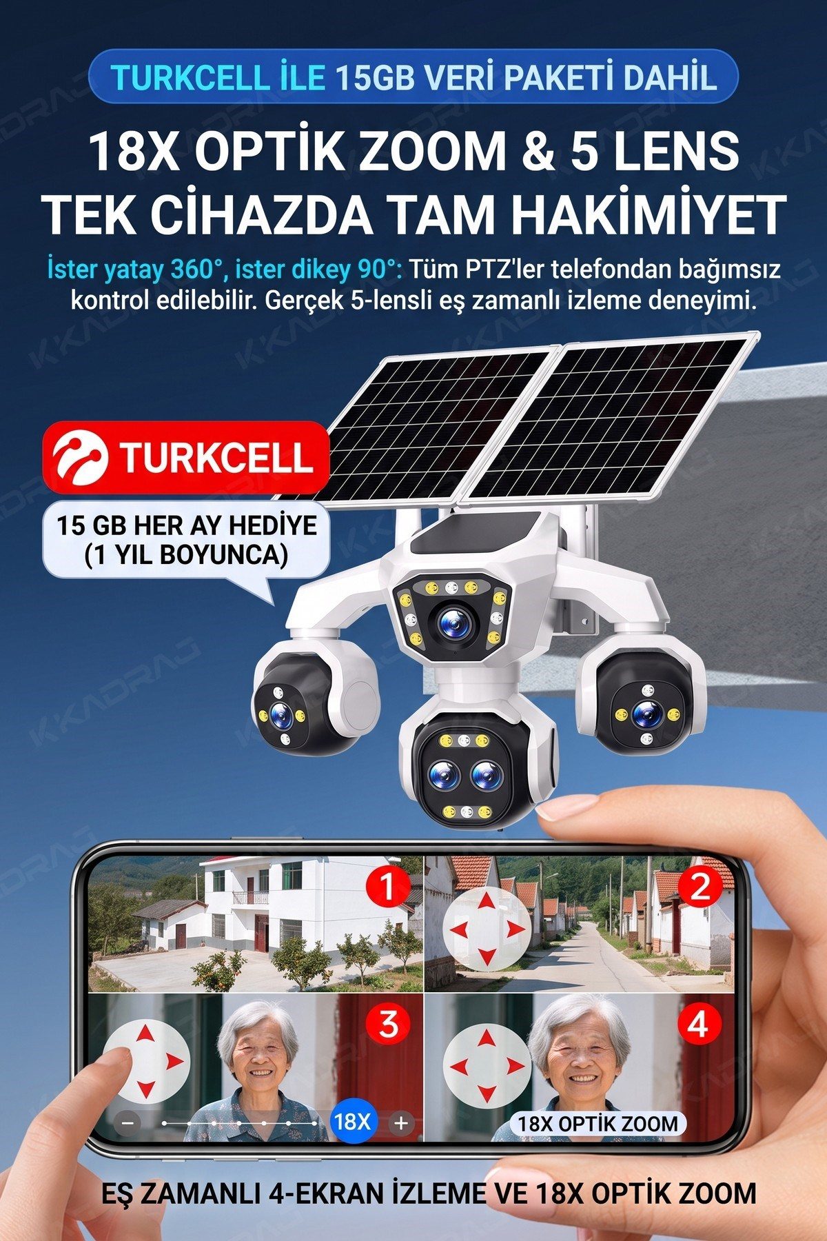 Kadraj 5 Kameralı 4G/E-SIM Destekli 18X Zoom PTZ Güneş Enerjili Profesyonel Dış Mekân Güvenlik Kamerası - görsel 16