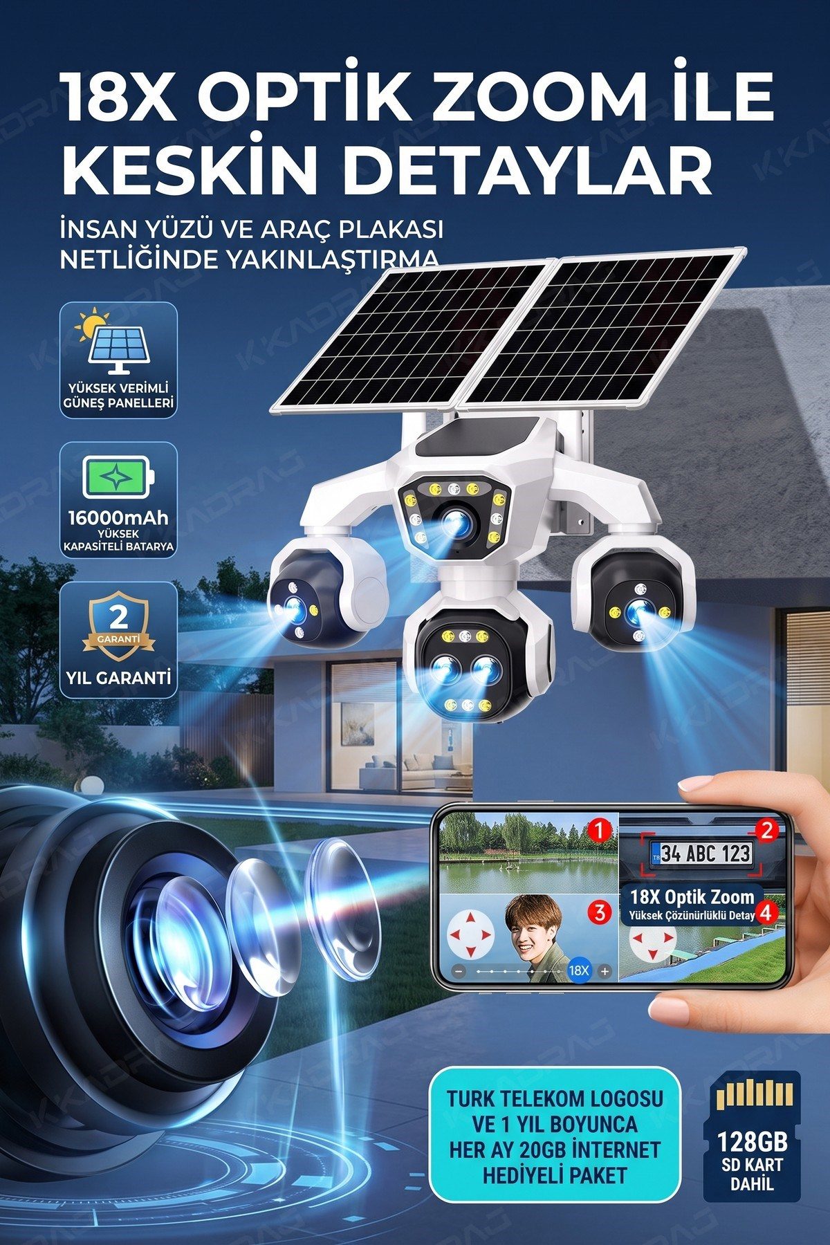 Kadraj 5 Kameralı 4G/E-SIM Destekli 18X Zoom Solar Panelli Profesyonel Dış Mekân Güvenlik Kamerası 20TT - görsel 15