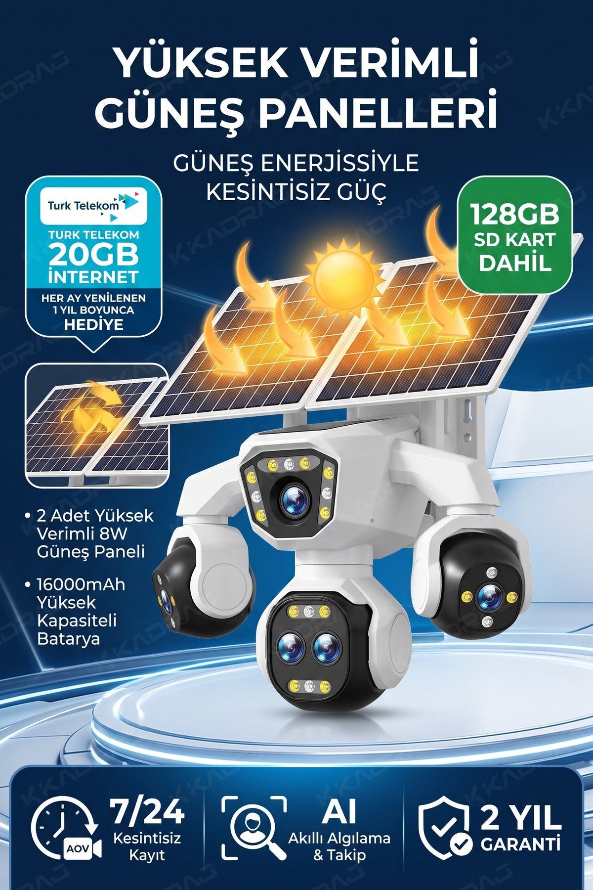 Kadraj 5 Kameralı 4G/E-SIM Destekli 18X Zoom Solar Panelli Profesyonel Dış Mekân Güvenlik Kamerası 20TT