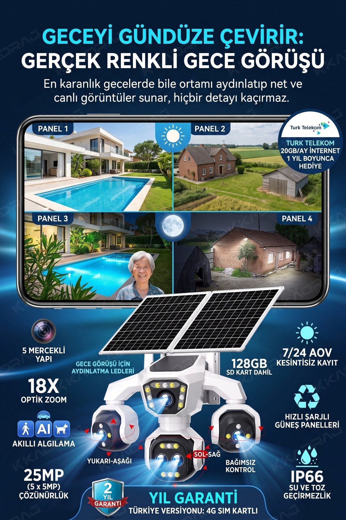 Kadraj 5 Kameralı 4G/E-SIM Destekli 18X Zoom Solar Panelli Profesyonel Dış Mekân Güvenlik Kamerası 20TT - görsel 4