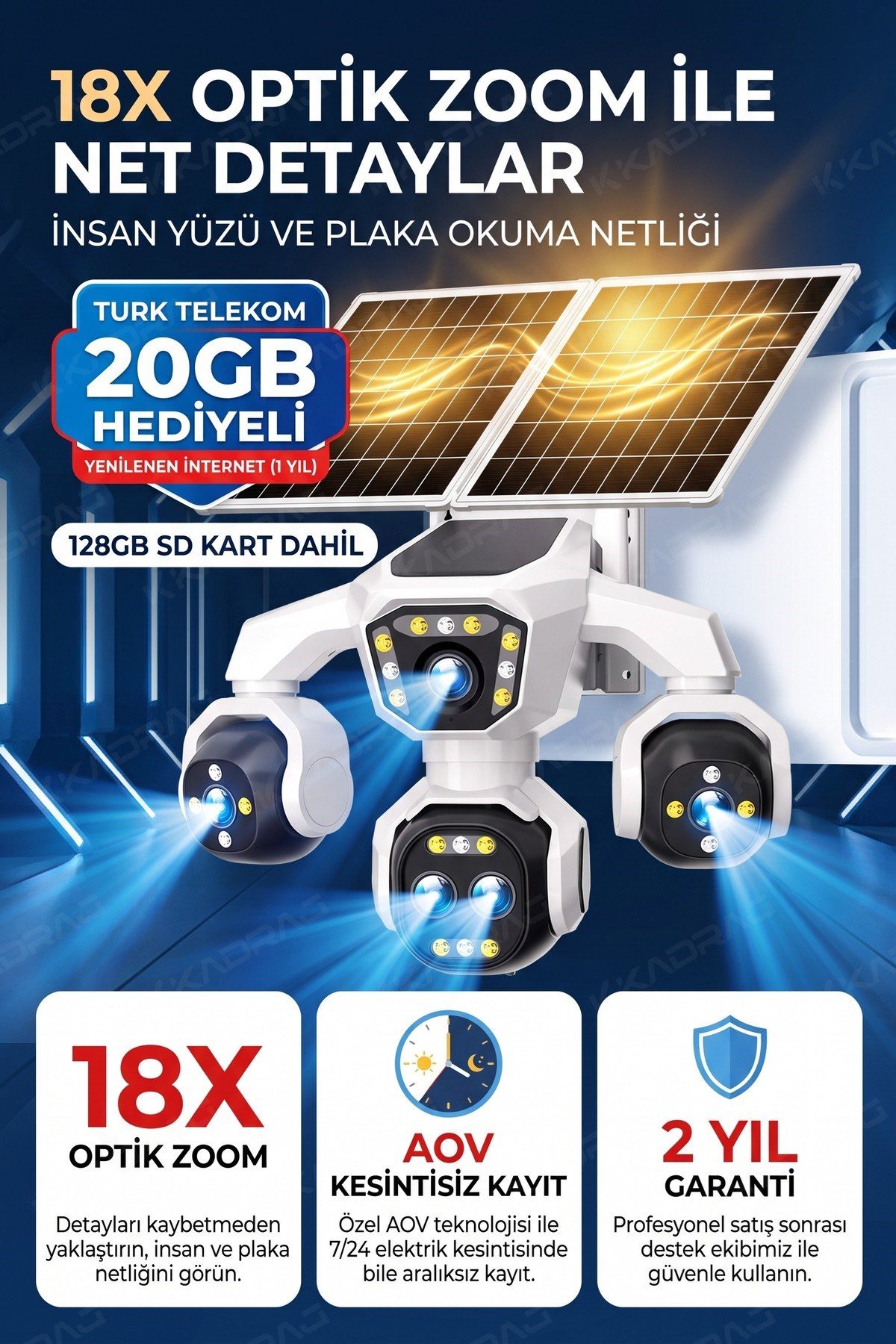 Kadraj 5 Kameralı 4G/E-SIM Destekli 18X Zoom Solar Panelli Profesyonel Dış Mekân Güvenlik Kamerası 20TT - görsel 5