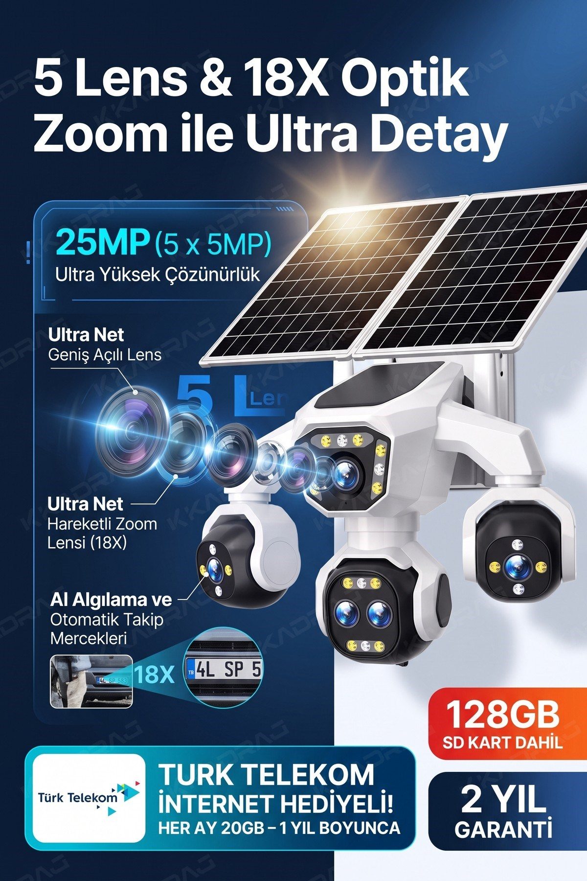Kadraj 5 Kameralı 4G/E-SIM Destekli 18X Zoom Solar Panelli Profesyonel Dış Mekân Güvenlik Kamerası 20TT - görsel 3