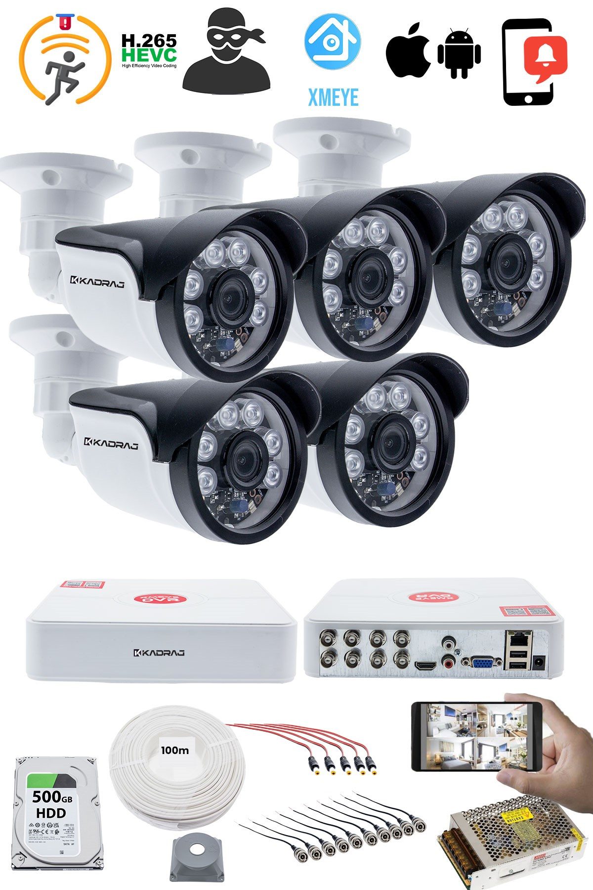 Kadraj 5 Kameralı 5MP Sony SecuLensli 1080p Full HD AHD Güvenlik Kamerası Seti, 6 Atom LED, Gece Görüşlü, IP66 Plastik Kasa,V1 - görsel 2