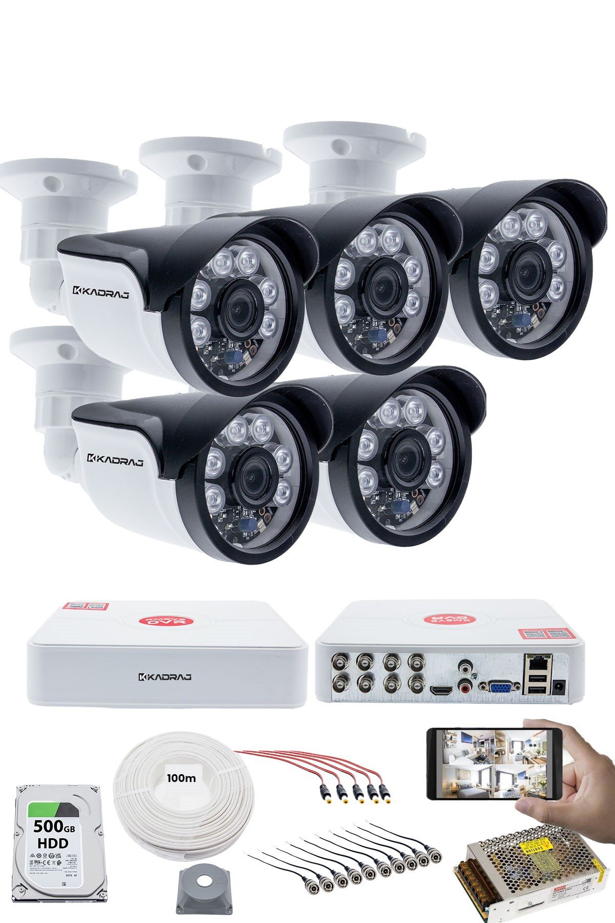 Kadraj 5 Kameralı 5MP Sony SecuLensli 1080p Full HD AHD Güvenlik Kamerası Seti, 6 Atom LED, Gece Görüşlü, IP66 Plastik Kasa,V1