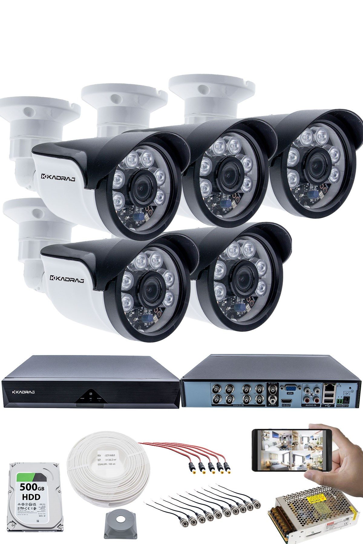 Kadraj 5 Kameralı 5MP Sony SecuLensli 1080p Full HD AHD Güvenlik Kamerası Seti, 6 Atom LED, Gece Görüşlü, IP66 Plastik Kasa